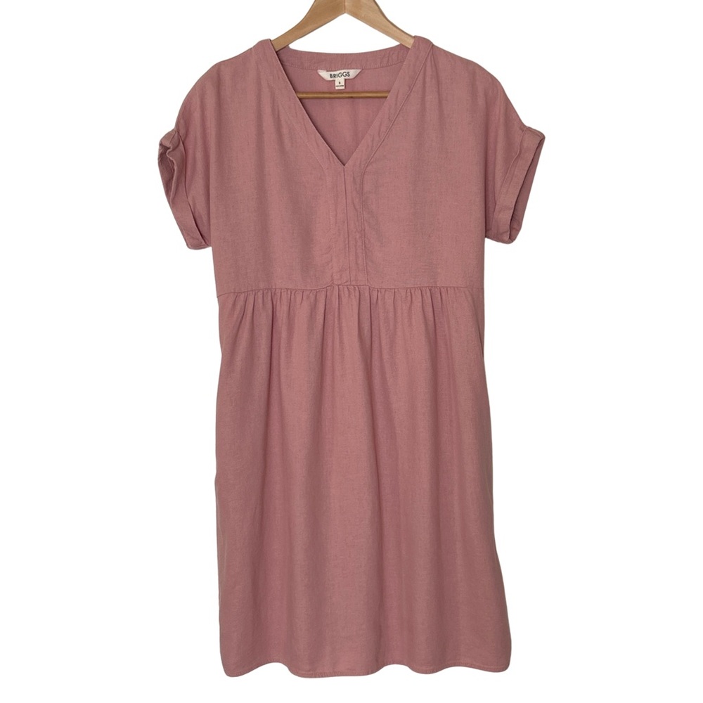 Briggs Linen Blend V-neck Short Sleeve Shift Dress with Pockets - S - Pink